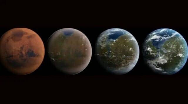 인간이 화성을 테라포밍하는 데 성공하면 시간이 지나면서 화성이 어떻게 될지 시각화한 이미지 (출처: Daein Ballard, CC BY-SA)