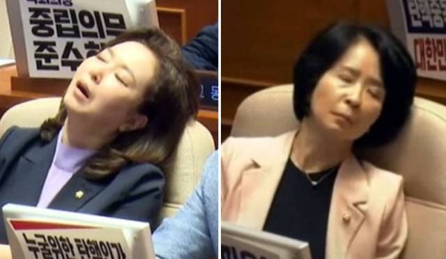 국민의힘이 ‘채상병 특검법’ 본회의 상정에 반발해 필리버스터(무제한 토론)에 돌입한 3일 국회 본회의장에서 국민의힘 소속 김민전 의원과 최수진 의원이 졸아 논란이 되고 있다. 유튜브 캡처