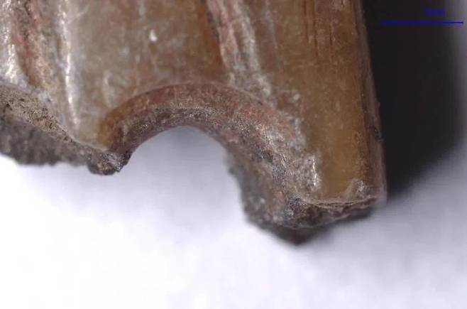 6번 돌바늘의 바늘귀에는 나중에 석간주로 확인된 붉은 색소의 흔적이 남아 있어 종교적인 용도로 사용됐음을 시사한다./중 쓰촨대
