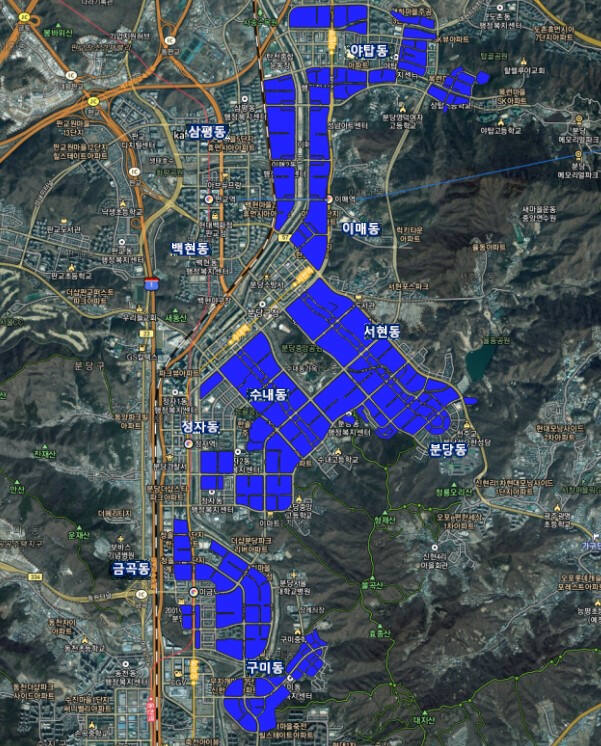 성남시 1기 신도시 선도 예정지구 토지거래허가구역 구역. 경기도 제공