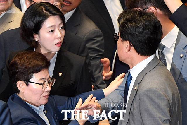 배현진 국민의힘 의원(왼쪽)과 진성준 더불어민주당 의원이 4일 오후 서울 여의도 국회에서 열린 본회의에서 '채상병 특검법'에 대한 무제한토론 종결의 건 표결과 관련해 언쟁을 벌이고 있다. /국회=남윤호 기자