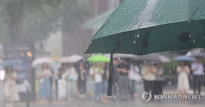 비 내리는 서울 (서울=연합뉴스) 신현우 기자 = 중부지방을 중심으로 전국에 거센 장맛비가 내린 2일 서울 지하철 2호선 시청역 인근에서 시민들이 신호를 기다리고 있다. 2024.7.2 nowwego@yna.co.kr (끝)