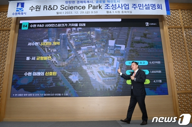 이재준 경기 수원시장이 지난해 12월 29일 시청 별관 1층 중회의실에서 '수원 R&D 사이언스파크 조성 사업 주민설명회'를 열고, 사업 추진 상황을 설명하고 있다.(수원시 제공)