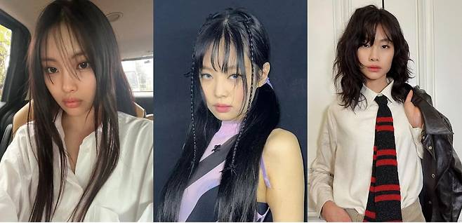 이번 여름 길이를 맞추지 않고 가닥가닥 성기게 내린 앞머리 스타일의 위스피 뱅이 유행하고 있다. 각기 다른 개성의 위스피 뱅 스타일을 보여준 혜인, 제니, 정호연. @newjeans_official, @jennierubyjane, @ninapark