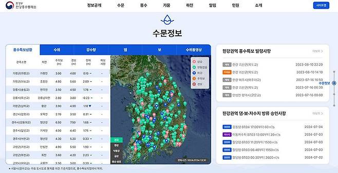 한강, 금강, 영산강, 낙동강 홍수통제소를통해 전국 각 하천의 실시간 수량 정보를 확인할 수 있습니다. 출처=환경부