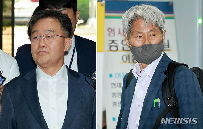 [서울=뉴시스] 고범준 기자 =지난 대선에서 허위 인터뷰를 통해 윤석열 대통령의 명예를 훼손한 혐의를 받는 화천대유자산관리 대주주 김만배씨와 신학림 전 언론노조 위원장이 8일 구속 기소됐다. 사진은 화천대유자산관리 대주주 김만배(왼쪽) 씨와 전 언론노조위원장 신학림 씨가 20일 오전 서울 서초구 서울중앙지법에서 열린 구속전 피의자 심문(영장실질심사)을 받기 위해 법정으로 들어가고 있다. 2024.06.20. bjko@newsis.com