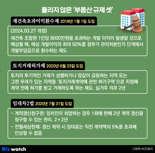 재건축초과이익환수제, 토지거래허가제, 임대차2법 등 풀리지 않은 굵직한 부동산 규제/그래픽=비즈워치