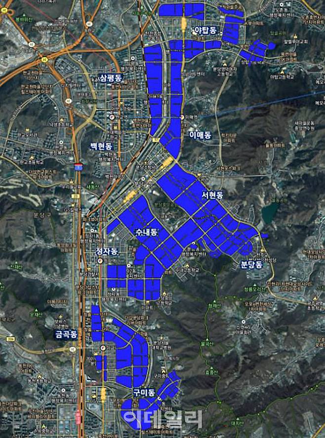 12월 31일까지 토지거래계약 허가구역으로 지정된 분당구 일대 지형도면. 파란색이 이번에 지정된 허가구역이다.(자료=성남시)