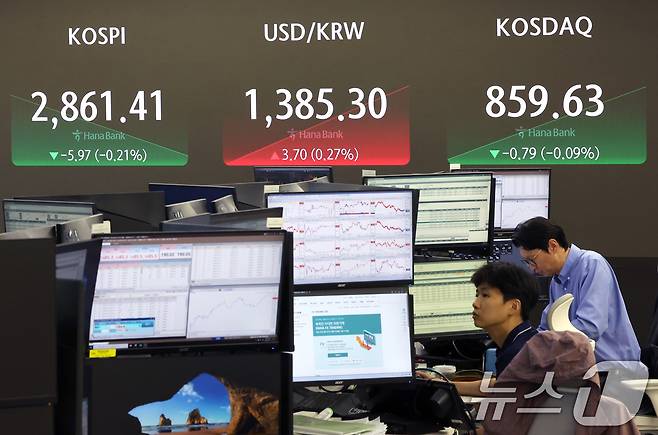 코스피 지수가 약보합 출발한 10일 오전 서울 중구 하나은행 본점 딜링룸 전광판에 개장 시황이 표시되고 있다. 10일 오전 9시5분 기준 코스피는 전날 종가와 비교해 6.42포인트(p)(0.22%) 하락한 2860.96, 코스닥 지수는 1.69p(0.20%) 하락한 858.73, 달러·원 환율은 전날보다 2.4원 오른 1384.0원으로 장을 이어가고 있다. 2024.7.10/뉴스1 ⓒ News1 이동해 기자