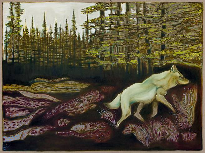 BILLY CHILDISH, wolf walking, 2024, oil and charcoal on linen 72 1/16 x 96 1/16 inches 183 x 244 cm ourtesy the artist and Lehmann Maupin, New York, Seoul, and London. *재판매 및 DB 금지