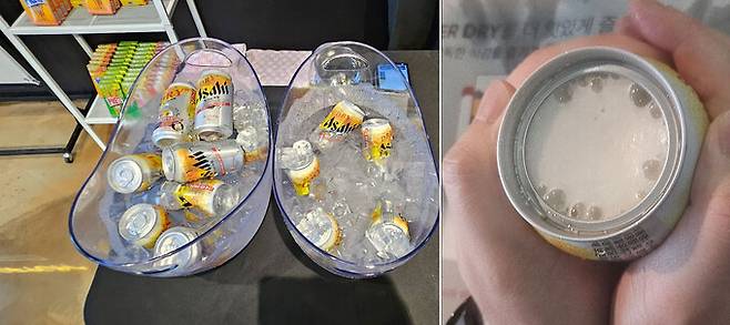 매장 한 쪽에서 해태제과의 스틱형 스낵 프리츠와 아사히 캔맥주를 판매하고 있다. 박윤희 기자