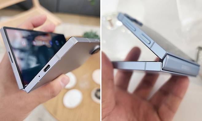 갤럭시Z 폴드6(왼쪽사진)·플립6 측면 모습. 각진 모서리로 날렵한 디자인이 채택됐다. 파리=이동수 기자