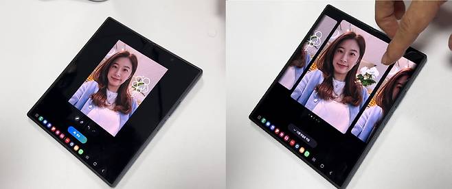 갤럭시Z폴드6로 촬영한 사진 위에 꽃 스케치를 한 모습(왼쪽)과 스케치가 실제 꽃의 모습으로 바뀐 화면. /김민국 기자