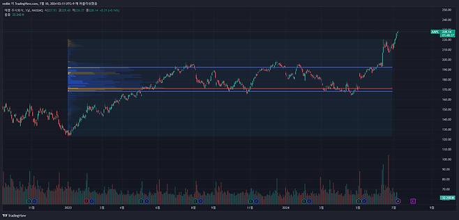 로우 사이즈를 늘리고 볼륨을 델타값으로 변경한 후, 가치영역 고점ㆍ저점까지 추가한 모습. 특정 영역에서 지지와 저항이 있음을 알 수 있다. (해당 작도는 예시이므로 투자 용도로 쓸 수 없습니다) / 출처-IT동아