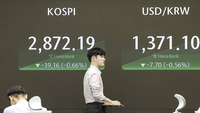 12일 서울 중구 하나은행 딜링룸에서 직원들이 업무를 보고 있다. 이날 코스피는 전 거래일(2891.35)보다 23.60포인트(0.82%) 하락한 2867.75에, 코스닥지수는 전 거래일(852.42)보다 4.38포인트(0.51%) 내린 848.04에 거래를 시작했다. /사진=뉴시스