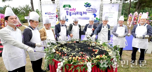 충남 서천군 마산면 문화활력소 일원에서 열린 ‘제1회 서천 블루베리 축제’에서 주요 참석자들이 대형 블루베리 화채를 만들고 있다.