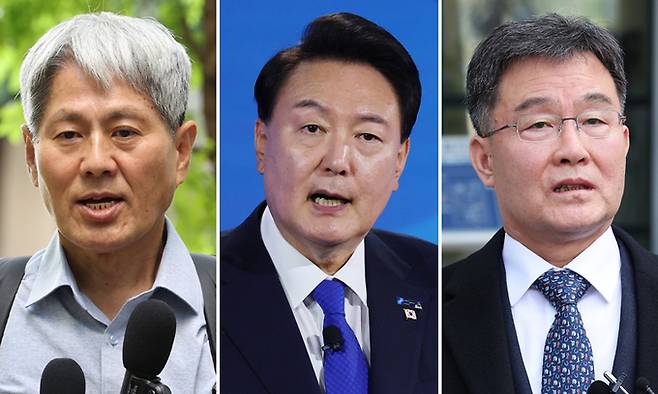 신학림 전 언론노조 위원장(왼쪽부터), 윤석열 대통령,&nbsp;화천대유자산관리 대주주 김만배씨. 연합뉴스