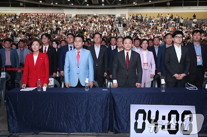 나경원(왼쪽부터), 윤상현, 원희룡, 한동훈 국민의힘 당대표 후보들이 12일 오후 대구 엑스코에서 열린 제4차 전당대회 대구·경북 합동연설회에 참석해 있다. 2024.7.12/뉴스1 ⓒ News1 이광호 기자