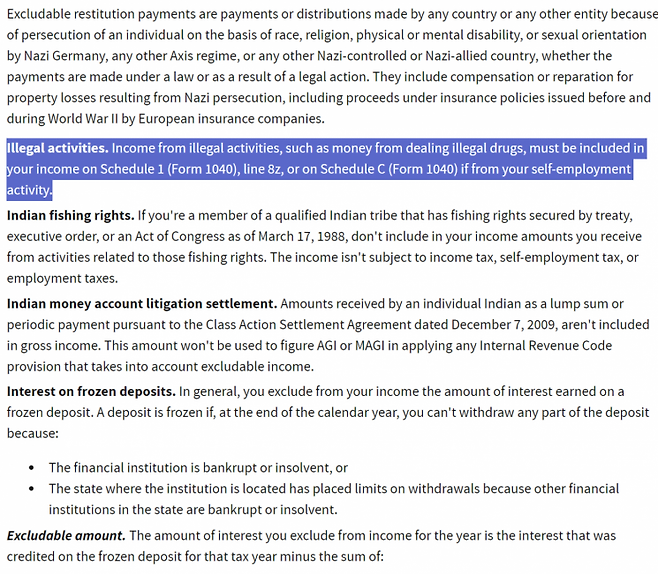 미국 국세청(IRS)의 가이드라인. 마약 거래처럼 불법적으로 돈을 벌었을 때도 세금은 신고하라고 안내하고 있다. 사진=IRS 홈페이지