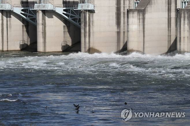 임진강 필승교 수위 상승 (연천=연합뉴스) 임병식 기자 = 13일 임진강 상류 필승교 수위가 하천 행락객 대피 수위인 1m를 넘어서자 경기도 연천군의 군남홍수조절댐이 수위를 조절하며 임진강 물을 내보내고 있다. 
    경기도와 연천군에 따르면, 이날 임진강 상류에는 비가 내리지 않았으며 북한 황강댐에서 수문을 개방한 것으로 추정된다. 2021.10.13 andphotodo@yna.co.kr