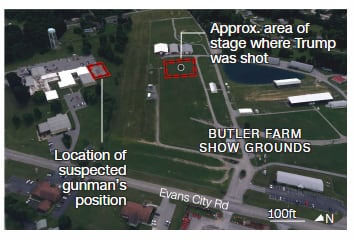 미국 CNN이 13일(현지시각) 보도한 도널드 트럼프 전 대통령 피격 사건 현장 사진. 트럼프 전 대통령 위치(오른쪽 빨간 점선)로부터 총격범이 있었던 건물(왼쪽 빨간 점선)까지의 거리는 불과 120~150m였다. /CNN