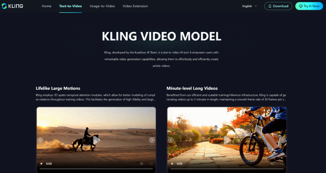 콰이쇼우가 구축한 생성형 AI 동영상 서비스 '클링' 홈페이지의 영문판 캡처.