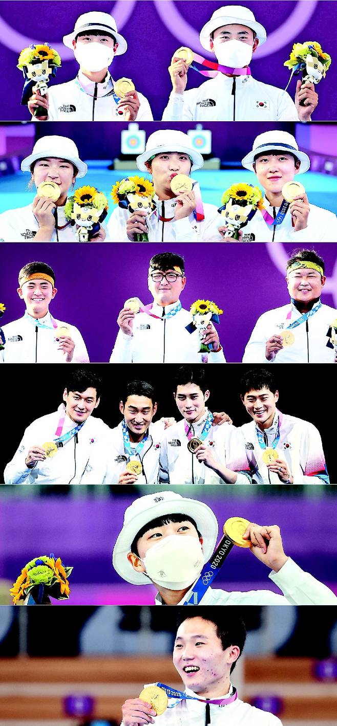 "<yonhap photo-1616=""> [올림픽] 금메달의 얼굴들 (도쿄=연합뉴스) 특별취재반 = 코로나19의 위협, 세계 각국 선수들과 경쟁, 자신과의 싸움마저도 이겨낸 2020도쿄올림픽 금메달의 얼굴들에게 박수를 보낸다. 7월 24일 양궁 혼성전 안산ㆍ김제덕(위부터 아래로), 25일 여자 단체 강채영ㆍ장민희ㆍ안산, 26일 남자 단체 김제덕ㆍ김우진ㆍ오진혁, 28일 펜싱 사브르 남자 단체 구본길ㆍ김정환ㆍ김준호ㆍ오상욱, 30일 양궁 여자 개인 안산, 8월 2일 체조 남자 도마 신재환. 2021.8.8 xyz@yna.co.kr/2021-08-08 14:00:26/ <저작권자 ⓒ 1980-2021 ㈜연합뉴스. 무단 전재 재배포 금지.>"</yonhap>