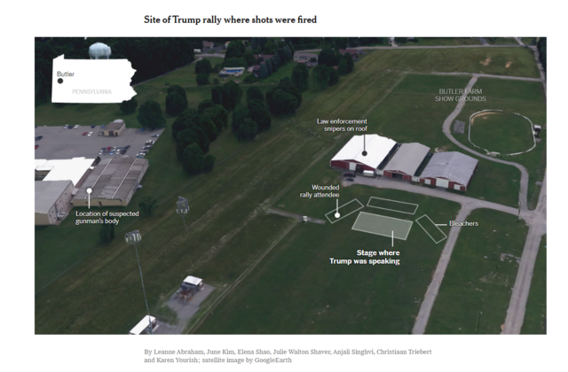 뉴욕타임스가 구글 위성지도를 활용해 표시한 총격 현장. 맨 왼쪽 건물 지붕 위에서 총격 용의자의 시신이 발견됐다. 뉴욕타임스 홈페이지