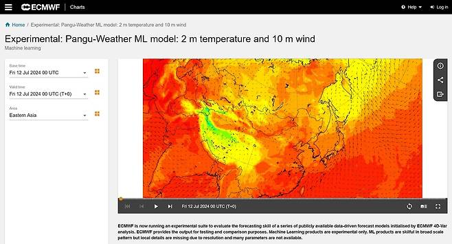 유럽중기예보센터(ECMWF)에 공개된 화웨이 클라우드 '판구-웨더' 전망 자료. [ECMWF 홈페이지 갈무리. 재판매 및 DB 금지]