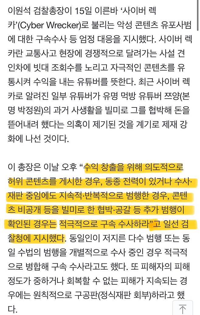 검찰총장, “사이버 렉카 구속수사 적극 검토...범죄 수익 환수하라”