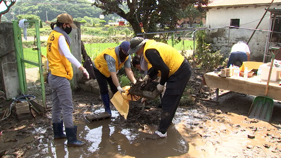 Volunteer workers clear a farm on Saturday in Nonsan, South Chungcheong after record-breaking heavy rain damaged the area last week. [YONHAP]