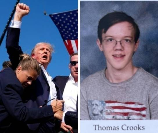 왼쪽은 현지시간으로 13일 펜실베이니아주 유세 일정 중 암살미수범의 총에 스친 트럼프 전 대통령이 지지자들을 향해 자신이 건재함을 알리는 모습, 오른쪽은 현장에서 사살된 암살미수범 토머스 매슈 크룩스(20)의 졸업 사진