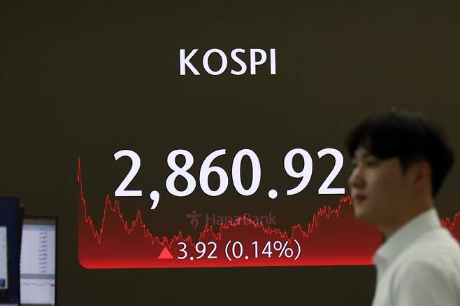 코스피가 전장보다 3.92포인트(0.14%) 오른 2860.92에 장을 마친 15일 오후 서울 하나은행 본점 딜링룸의 모습. (사진=연합뉴스)