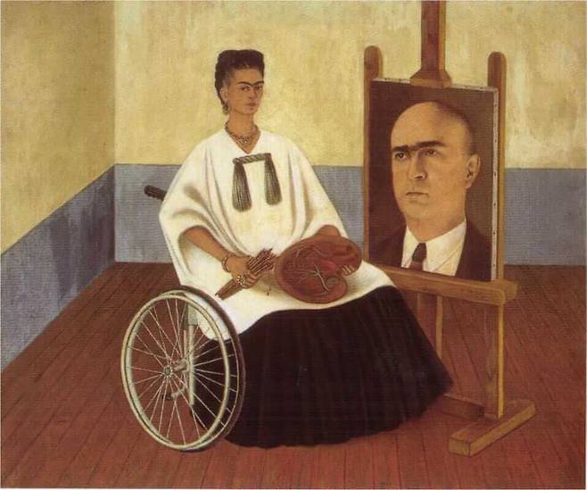 프리다 칼로, 파릴 박사의 초상화를 그리는 자화상, 1951년, 섬유판 위에 유채, 41.5 x 50 cm, 개인 소장.