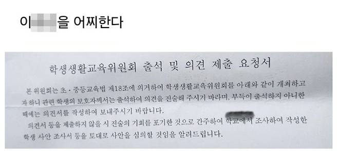학부모가 아들이 징계 위기에 처했다며 공개한 학교 공문./온라인커뮤니티