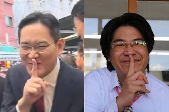 지난해 12월 부산 전통시장에서 찍힌 이재용(왼쪽) 삼성전자 회장의 사진과 이 회장을 패러디한 의정부고 3학년 졸업사진. 온라인 커뮤니티 갈무리, 인스타그램 갈무리