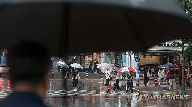 남부지방 비 (창원=연합뉴스) 김동민 기자 = 경남 남해안 일대 일부 지역에 호우 특보가 발효된 16일 오후 경남 창원시 마산합포구 한 거리에 우산 쓴 시민이 이동하고 있다. 2024.7.16 image@yna.co.kr