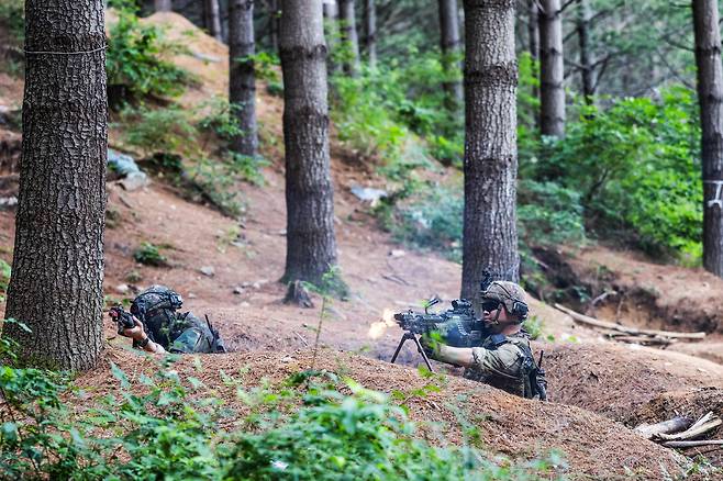 육군 제6보병사단 초산여단이 지난 9일부터 19일까지 강원도 인제 육군과학화전투훈련단에서 한·미·UAE 3국이 최초로 함께하는 연합 KCTC 훈련을 실시했다. 수색정찰 중 대항군과 조우한 장병들이 교전을 하고 있다. /육군