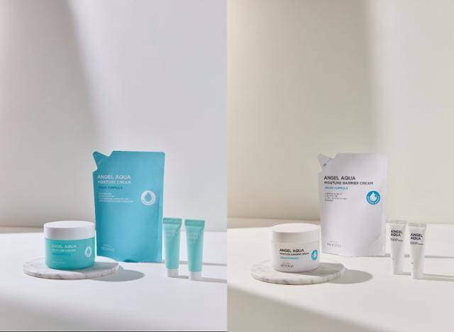 LG생활건강이 폐플라스틱 열분해유를 활용해 만든 친환경 용기를 적용한 브랜드 비욘드 엔젤아쿠아 크림 2종 러브어스 에디션. LG생활건강 제공