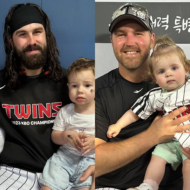 LG 켈리(왼쪽)와 엔스가 각각 자녀를 안고 인터뷰하고 있다. 잠실=이형석 기자&nbsp;