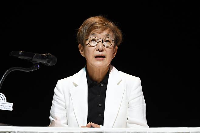 National Theater Company of Korea Director Park Jeong-hee speaks at a press conference held at Myeongdong Theater in Seoul, Tuesday. (NTCK)