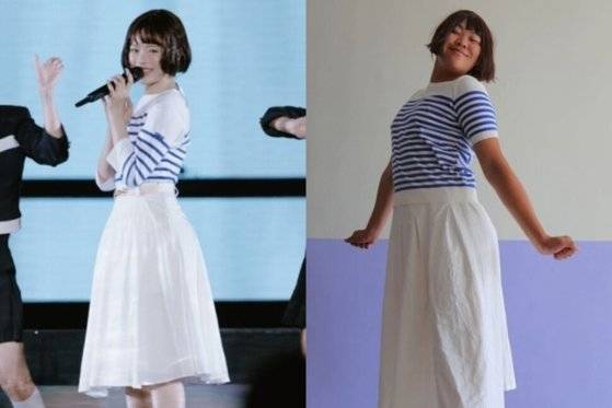 6월 26일 일본 도쿄돔에서 마쓰다 세이코의 곡 '푸른 산호초'를 부르는 뉴진스 멤버 하니(왼쪽)와 하니를 패러디한 의정부고 졸업사진. 사진 어도어, 의정부고 학생자치회 인스타그램