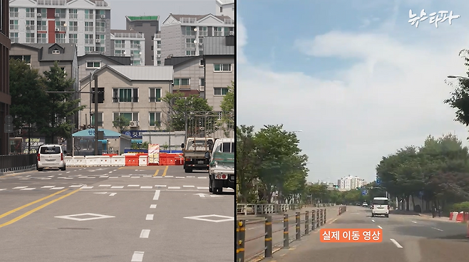 △ 경기도 의왕시의 한 지식산업센터 주차장 앞 도로. 대로로 이어지는 도로가 끊겨 있어서 1㎞ 거리를 돌아와야 물류시설을 이용할 수 있다.