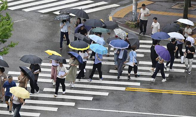 장맛비가 내린 18일 광주 북구청 교차로에 점심시간 외출을 나간 구청 직원들이 청사 복귀를 위해 우산을 쓰고 길을 건너고 있다. 뉴시스