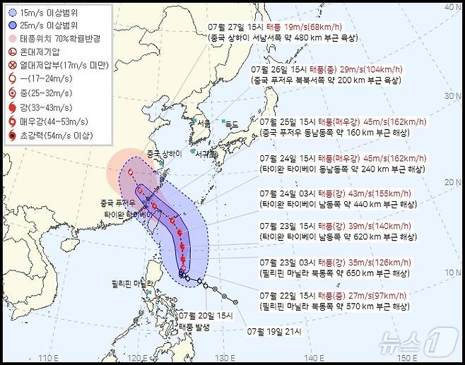 22일 오후 4시 기준 태풍 '개미' 예상 이동경로(기상청 제공) ⓒ 뉴스1