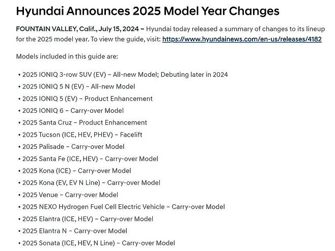 사진 : 현대차&nbsp;2025년 모델 출시 계획 (출처=현대차 북미법인)
