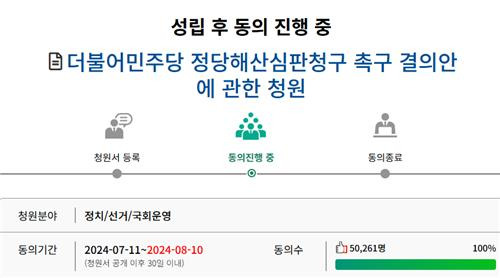 '더불어민주당 정당해산심판 청구 촉구 결의안' 청원 [국민동의청원 홈페이지 캡처]