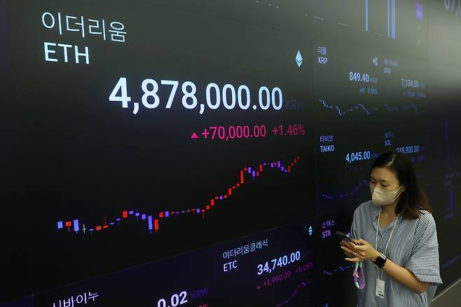 미국 증권거래위원회(SEC)는 가상화폐 이더리움 현물 상장지수펀드(ETF) 거래를 승인했다고 22일(현지 시각) 밝혔다. SEC는 ETF 출시를 신청한 8개 자산운용사 중 최소 2개 회사의 상품이 23일부터 거래를 시작할 수 있다고 전했다. 사진은 23일 서울 강남구 업비트 라운지에 표시된  이더리움 시세. /연합뉴스