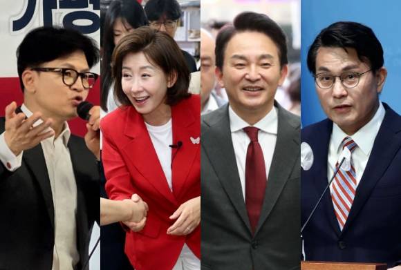 국민의힘 차기 당대표가 결정되는 7·23 전당대회를 하루 앞둔 22일 4명의 후보는 전국 각지에서 막판 표심에 호소했다. 왼쪽부터 경기 포천시·가평군 당원협의 간담회에서 발언하는 한동훈 후보. 부산 중구 자갈치시장에서 상인과 인사하는 나경원 후보. 대구 중구 서문시장에서 민심 행보를 펼치는 원희룡 후보. 국회 소통관에서 윤석열 대통령 탄핵소추 청원 청문회 규탄 기자회견을 하는 윤상현 후보. 뉴시스·뉴스1