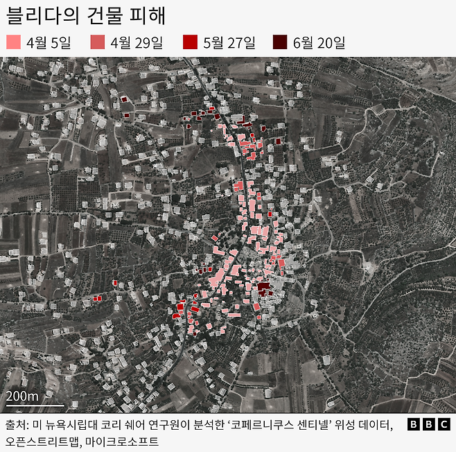 블리다의 건물 피해 위치를 나타낸 지도